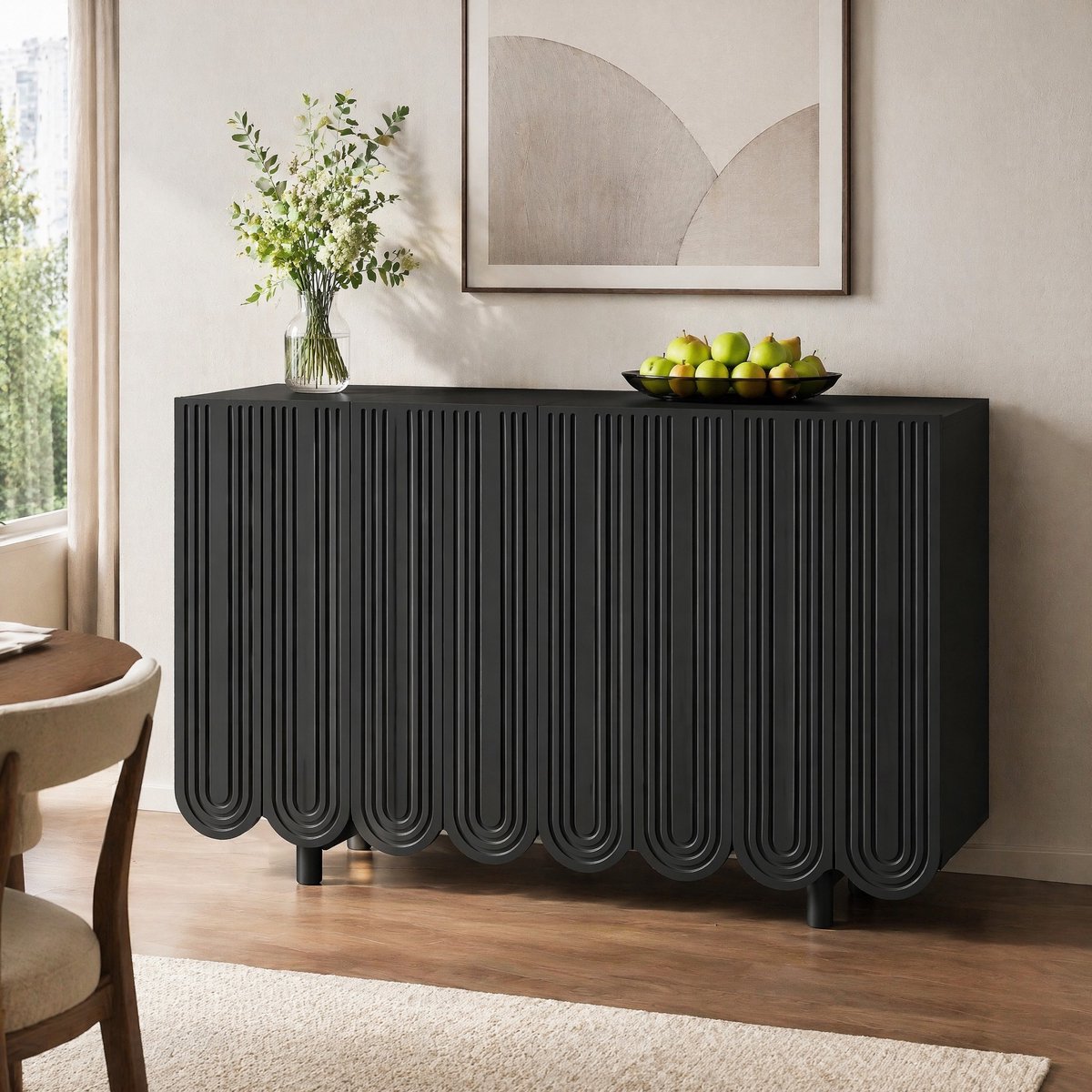 COVREO Dressoir 120 x 37,5 x 80,8 cm - 4 deuren, MDF, zwart