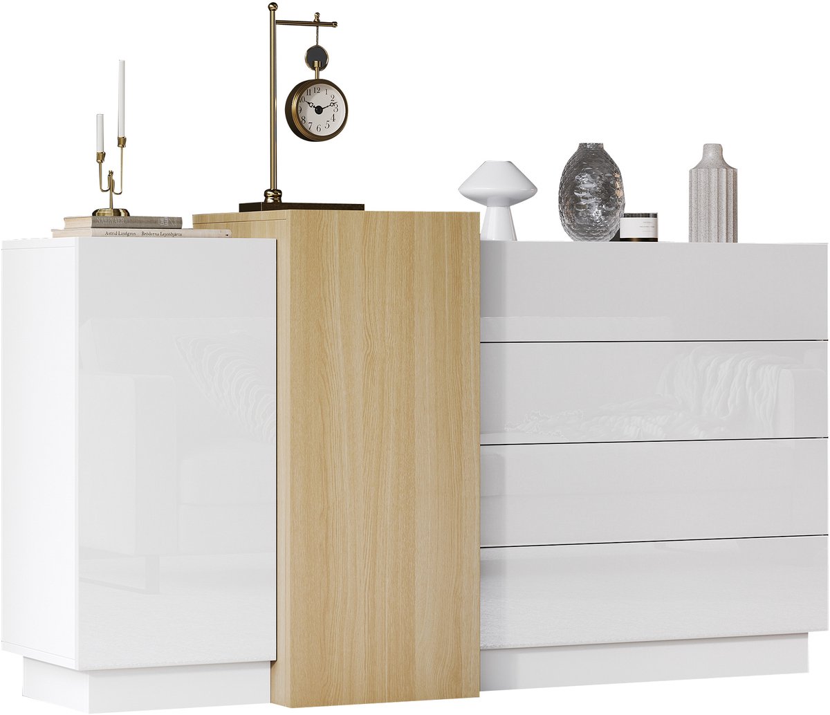COVREO Hoogglans wit sideboard 140x35x76,5 cm - met houtkleur accenten - moderne opbergkast voor eetkamer, woonkamer of hal - minimalistisch design