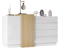 COVREO Hoogglans wit sideboard 140x35x76,5 cm - met houtkleur accenten - moderne opbergkast voor eetkamer, woonkamer of hal - minimalistisch design