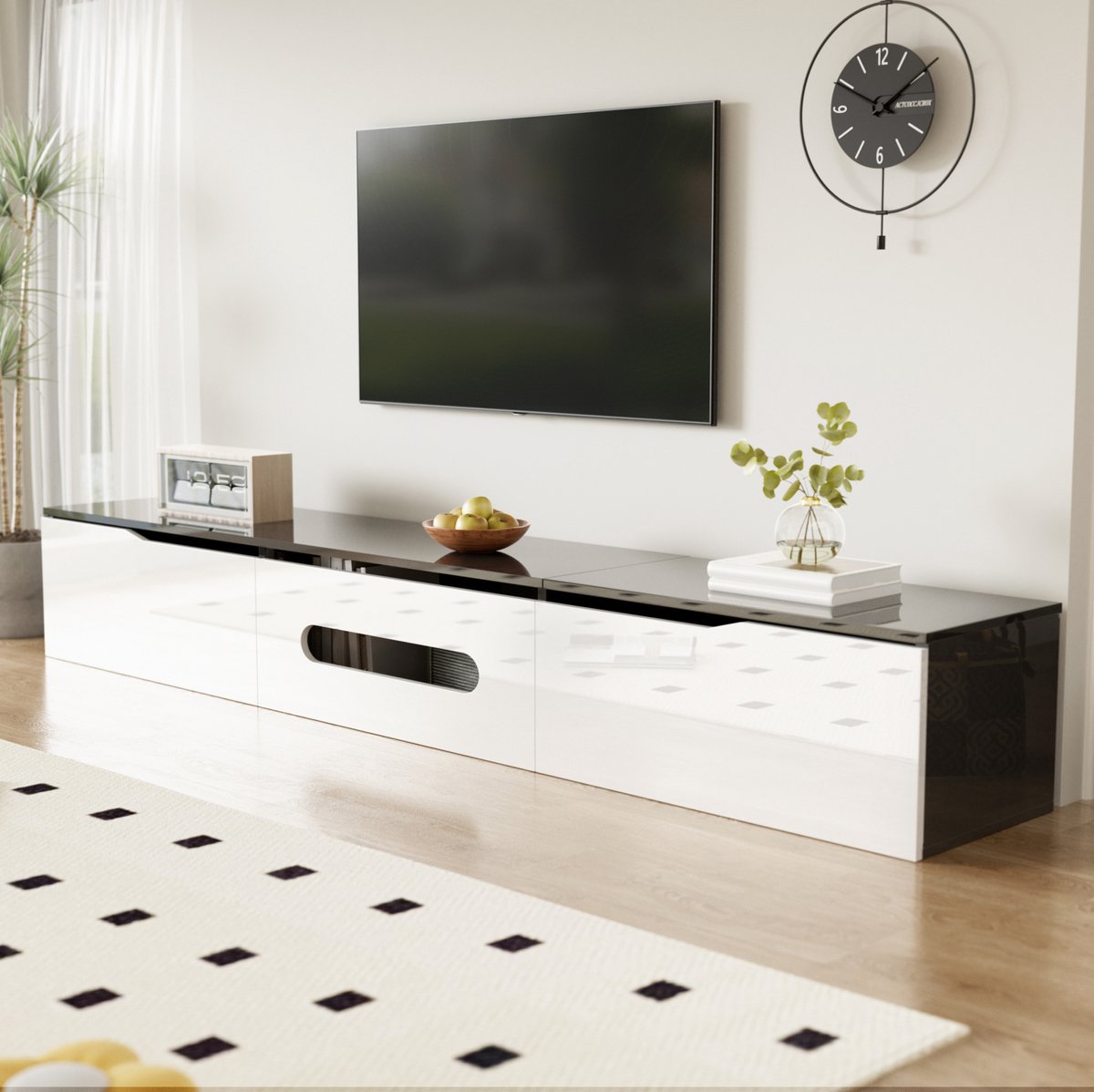 COVREO TV-meubel 180 x 35 x 30 cm - zwart-wit, hoogglans, LED verlichting, wandmontage