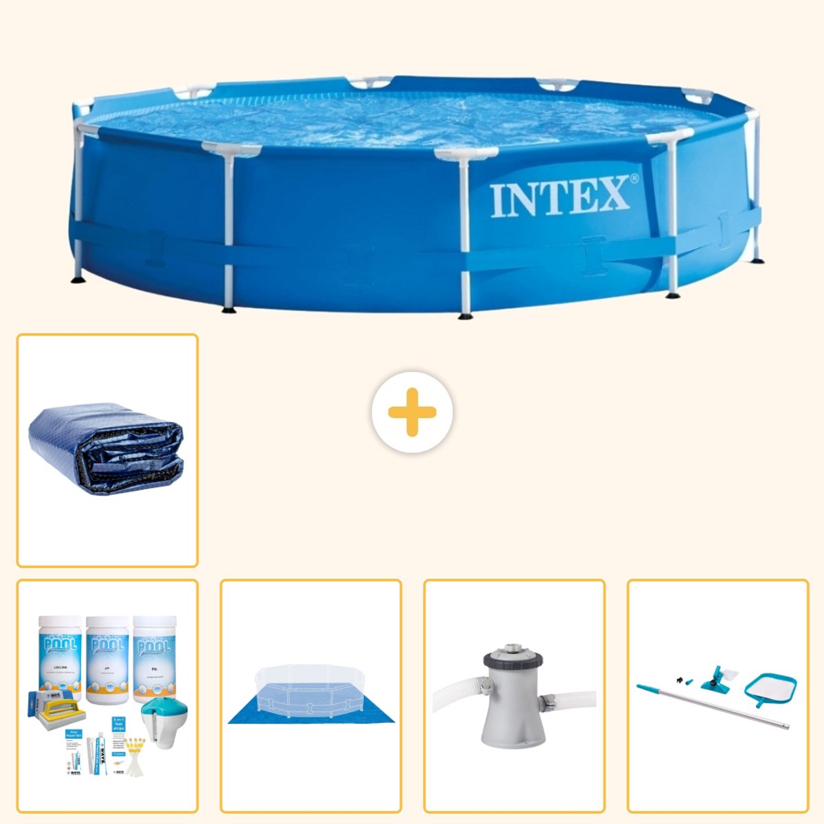 Intex Rond Frame Zwembad - 305 x 76 cm - Blauw - Inclusief Onderhoudspakket - Grondzeil - Zwembadfilterpomp - Schoonmaakset - Solarzeil - 6-delig