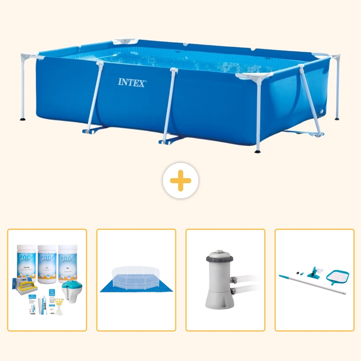 Intex Rechthoekig Frame Zwembad - 300 x 200 x 75 cm - Blauw - Inclusief Onderhoudspakket - Grondzeil - Zwembadfilterpomp - Schoonmaakset - 5-delig
