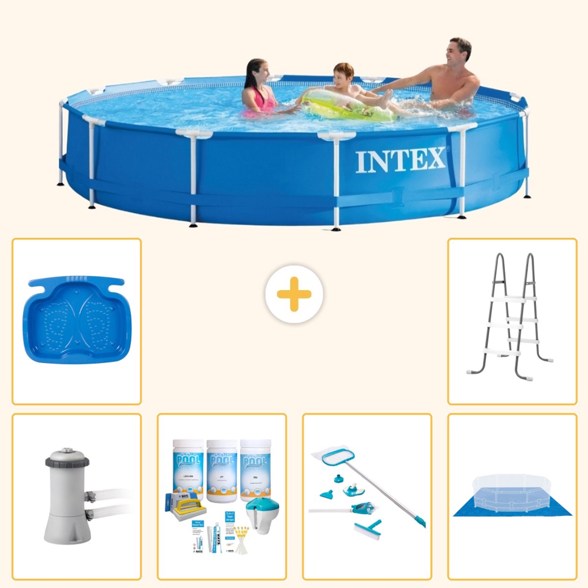 Intex Rond Frame Zwembad - 366 x 76 cm - Blauw - Inclusief Pomp - Onderhoudspakket - Schoonmaakset - Grondzeil - Voetenbad - Ladder - 7-delig