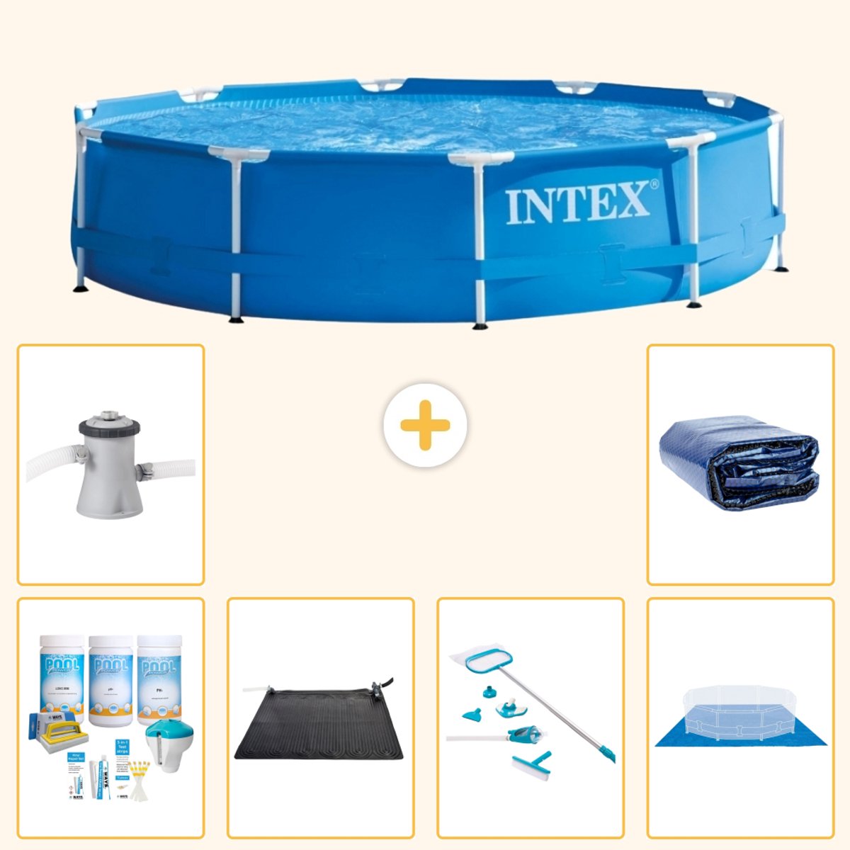 Intex Rond Frame Zwembad - 305 x 76 cm - Blauw - Inclusief Onderhoudspakket - Solar Mat - Schoonmaakset - Grondzeil - Zwembadfilterpomp - Solarzeil - 7-delig