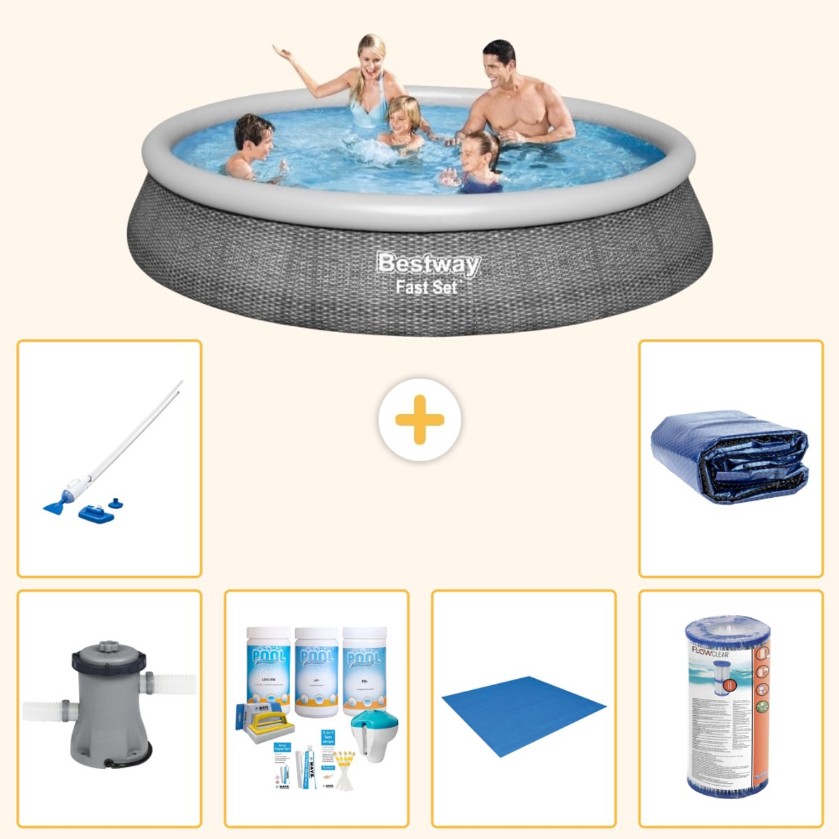 Bestway Rond Opblaasbaar Fast Set Zwembad - Rotanprint - 396 x 84 cm - Inclusief Pomp - Onderhoudspakket - Grondzeil - Filter - Stofzuiger - Solarzeil - 7-delig