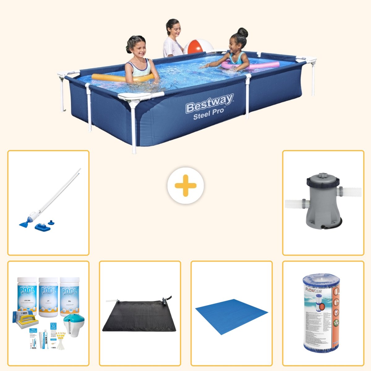 Bestway Rechthoekig Steel Pro Zwembad - 221 x 150 x 43 cm - Blauw - Inclusief Onderhoudspakket - Solar Mat - Grondzeil - Filter - Stofzuiger - Zwembadfilterpomp - 7-delig