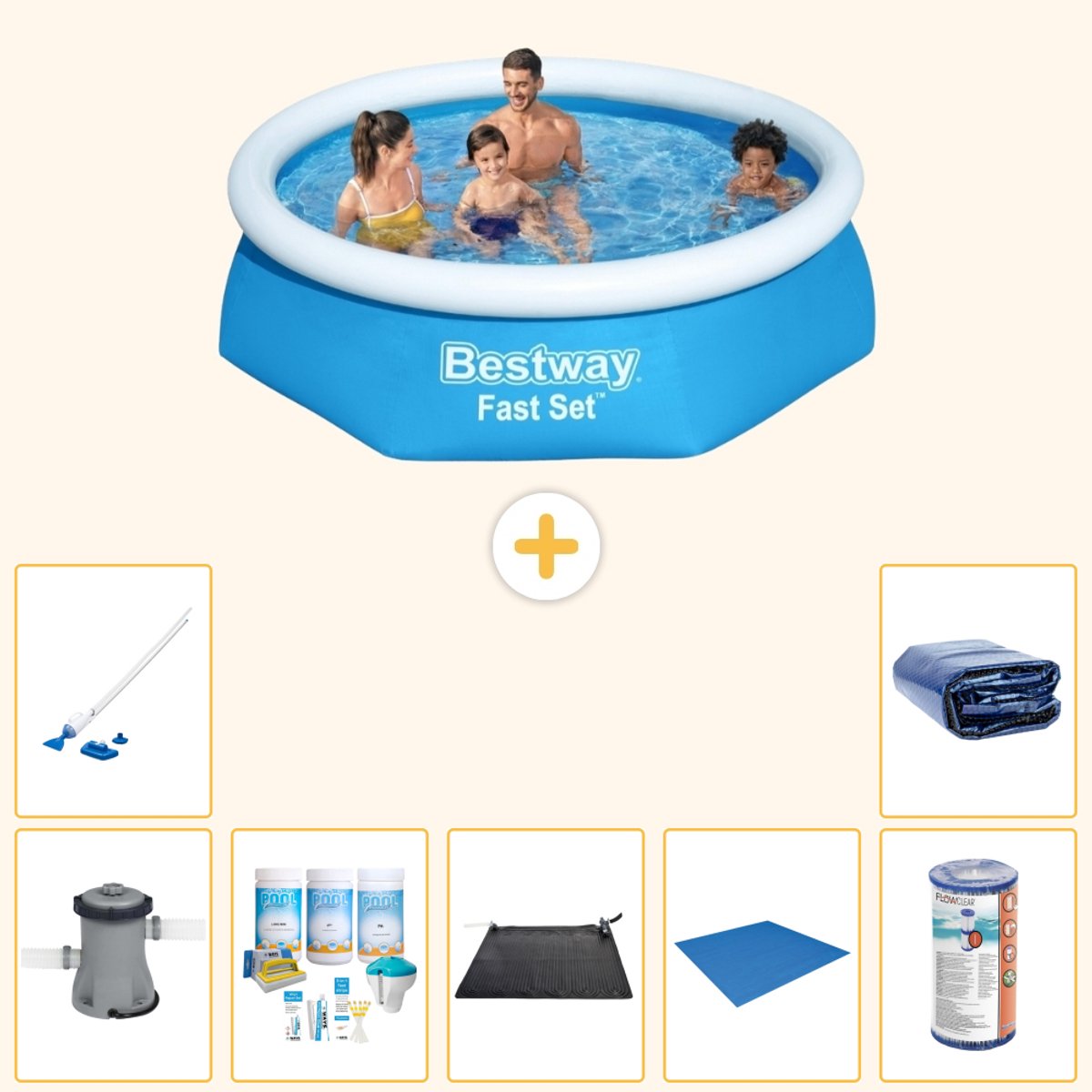 Bestway Rond Opblaasbaar Fast Set Zwembad - 244 x 61 cm - Blauw - Inclusief Pomp - Onderhoudspakket - Solar Mat - Grondzeil - Filter - Stofzuiger - Solarzeil - 8-delig