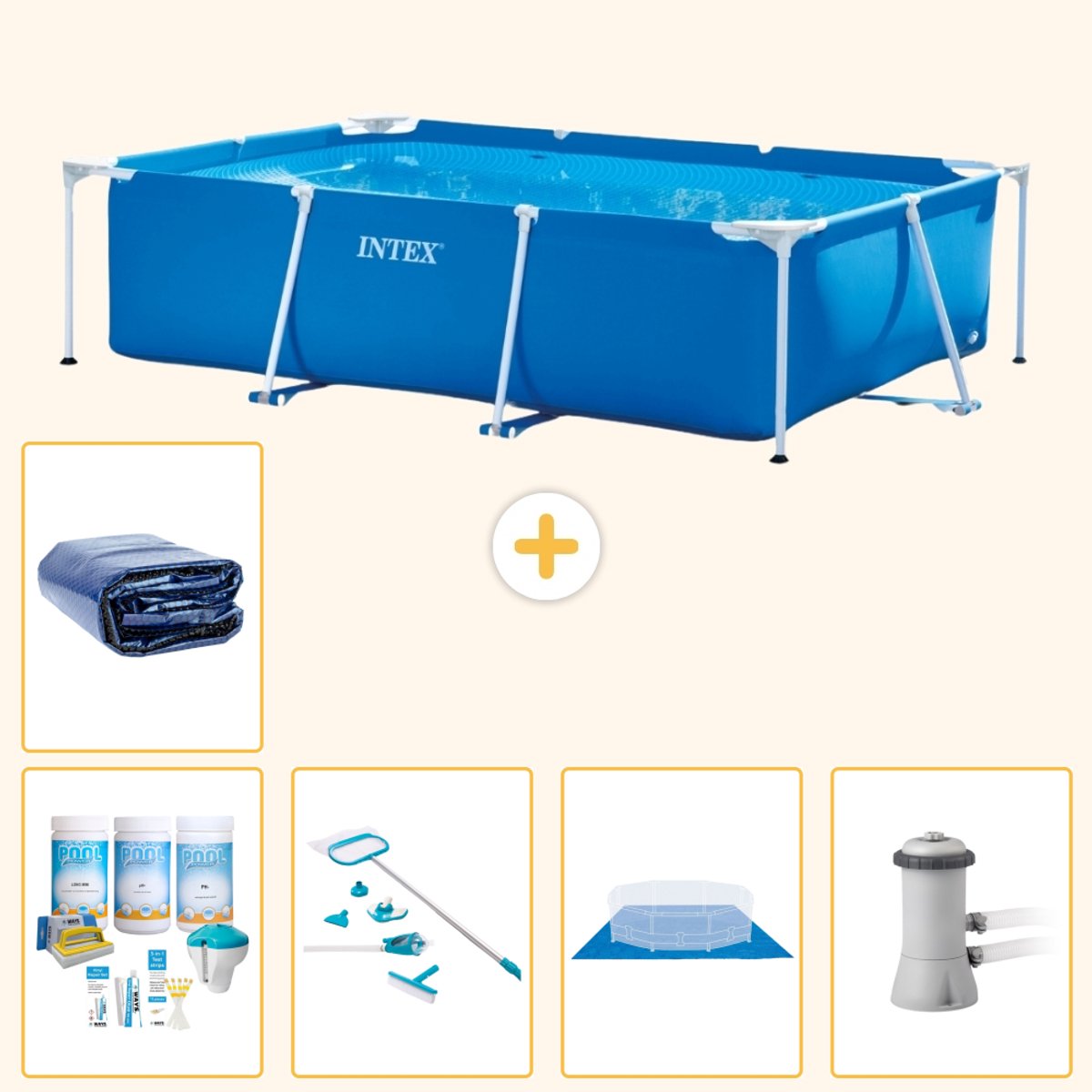 Intex Rechthoekig Frame Zwembad - 300 x 200 x 75 cm - Blauw - Inclusief Onderhoudspakket - Schoonmaakset - Grondzeil - Zwembadfilterpomp - Solarzeil - 6-delig