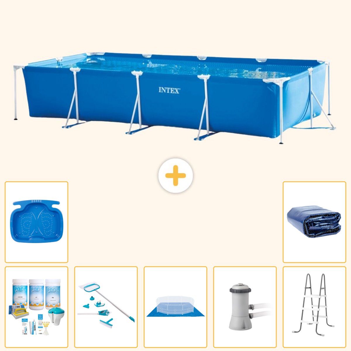 Intex Rechthoekig Frame Zwembad - 450 x 220 x 84 cm - Blauw - Inclusief Onderhoudspakket - Schoonmaakset - Grondzeil - Zwembadfilterpomp - Voetenbad - Ladder - Solarzeil - 8-delig