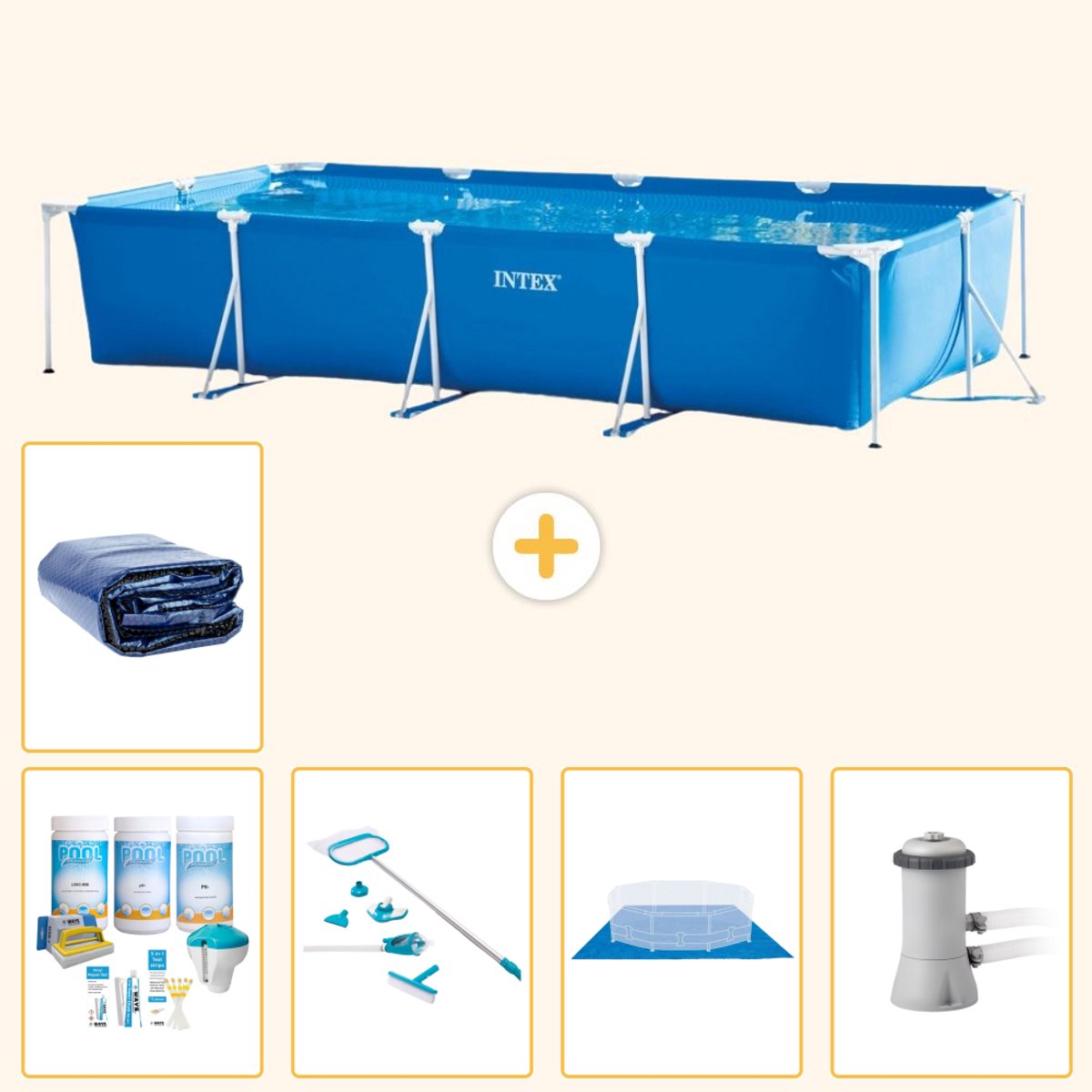 Intex Rechthoekig Frame Zwembad - 450 x 220 x 84 cm - Blauw - Inclusief Onderhoudspakket - Schoonmaakset - Grondzeil - Zwembadfilterpomp - Solarzeil - 6-delig