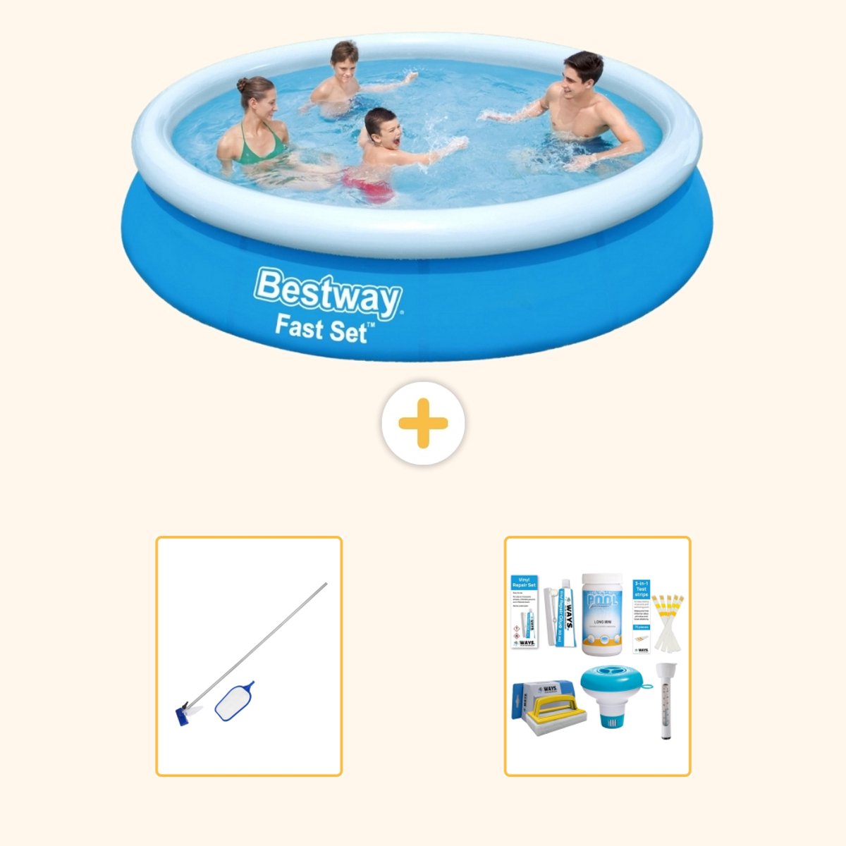 Bestway Rond Opblaasbaar Fast Set Zwembad - 366 x 76 cm - Blauw - Inclusief Schoonmaakset - Onderhoudspakket - 3-delig