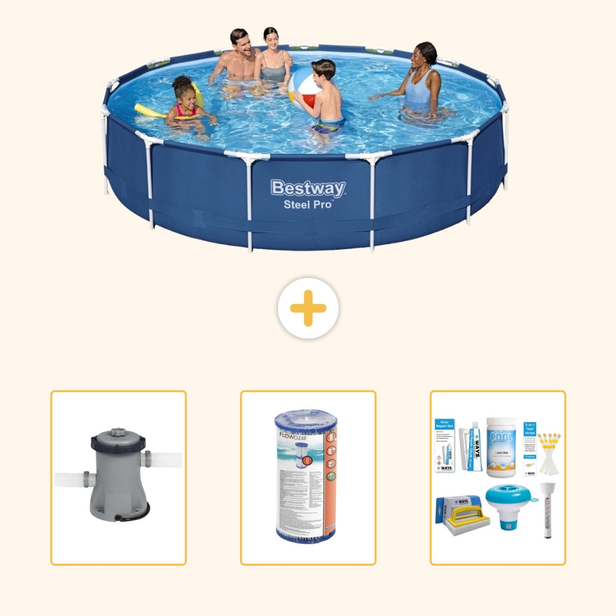 Bestway Rond Steel Pro Zwembad - 396 x 84 cm - Blauw - Inclusief Pomp - Filter - Onderhoudspakket - 4-delig