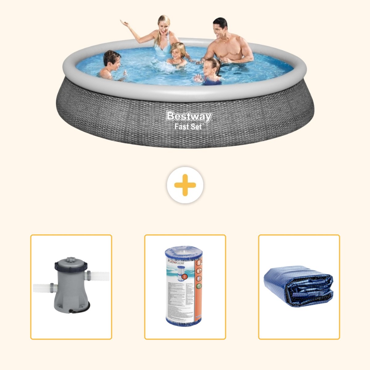 Bestway Rond Opblaasbaar Fast Set Zwembad - Rotanprint - 396 x 84 cm - Inclusief Pomp - Filter - Solarzeil - 4-delig