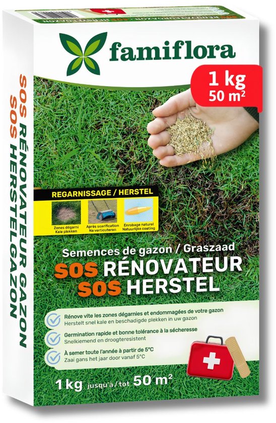 Wit karton met de tekst "famiflora SOS RENOVATEUR GAZON SOS HERSTEL" en "1 kg 50 m²". De afbeelding toont graszaad in een hand.