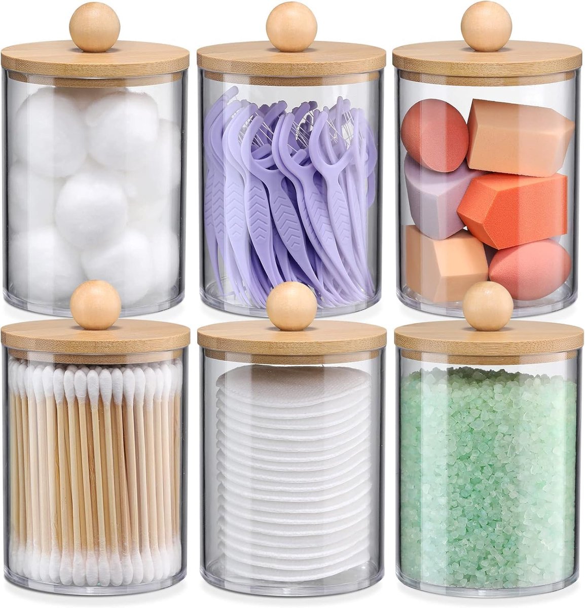 Thijox - 6 Stuks Katoenen Placemathouders met Bamboedeksel - Acryl Badkamercontainer - 295 ml Wattenschijfhouder - Make-up Organizer voor Kaptafel - I