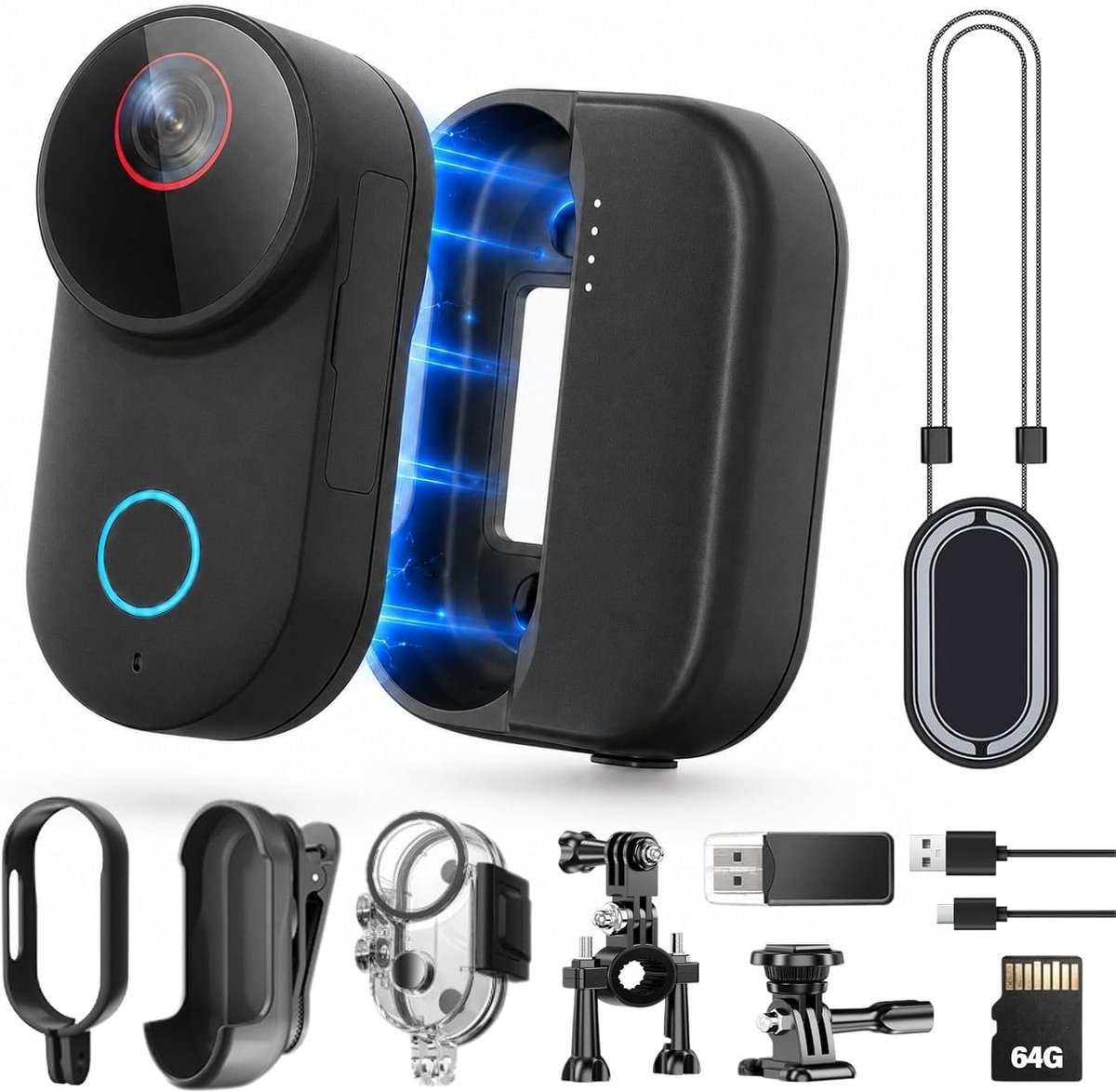 SnelShoppen - T71M 4K Mini Action Cam met 6-assige EIS, 154° groothoek, 64G TF-kaart, oplaadcase, magneetclip, helmcamera, 30m onderwaterbehuizing voo