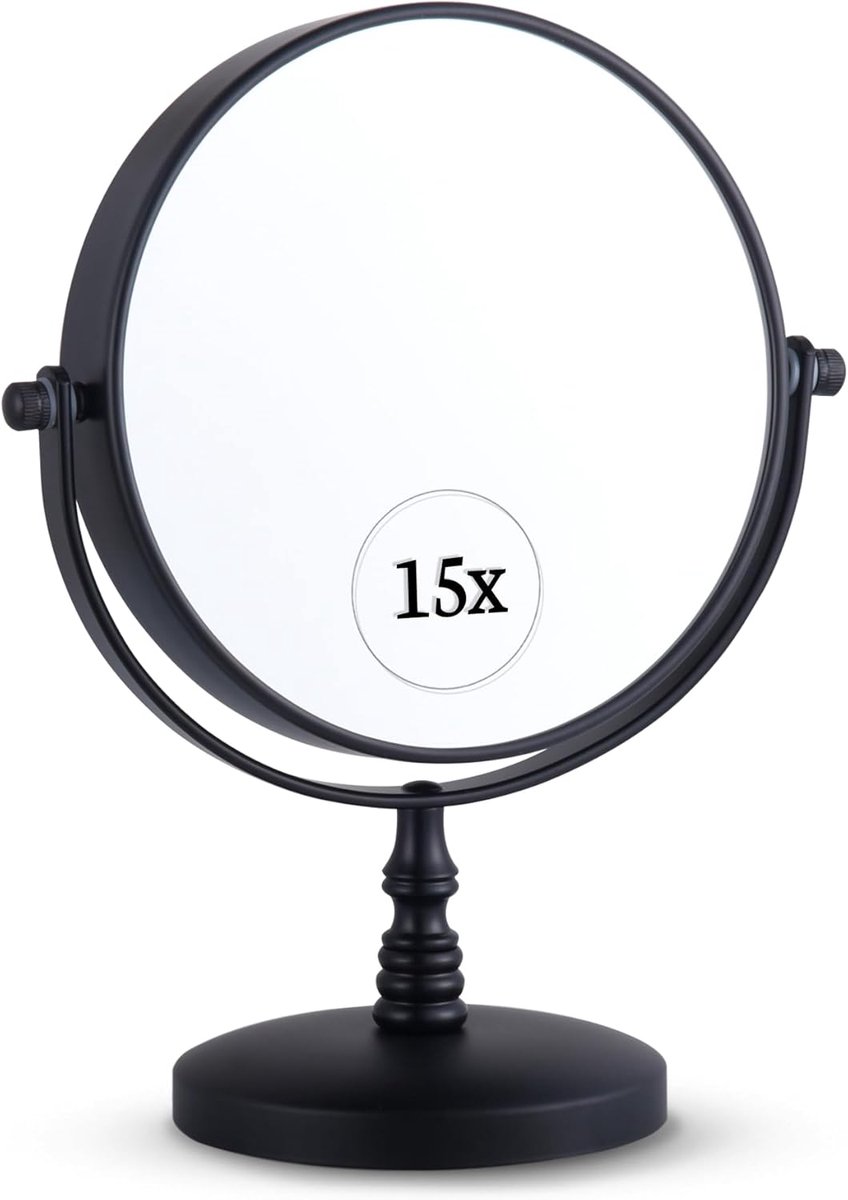 SnelShoppen - Dubbelzijdige Tafelspiegel 15x Vergroting & 1x Reflectie - Cosmetische Spiegel voor Make-up, Huidverzorging - Zwart - Ideaal voor Bureau