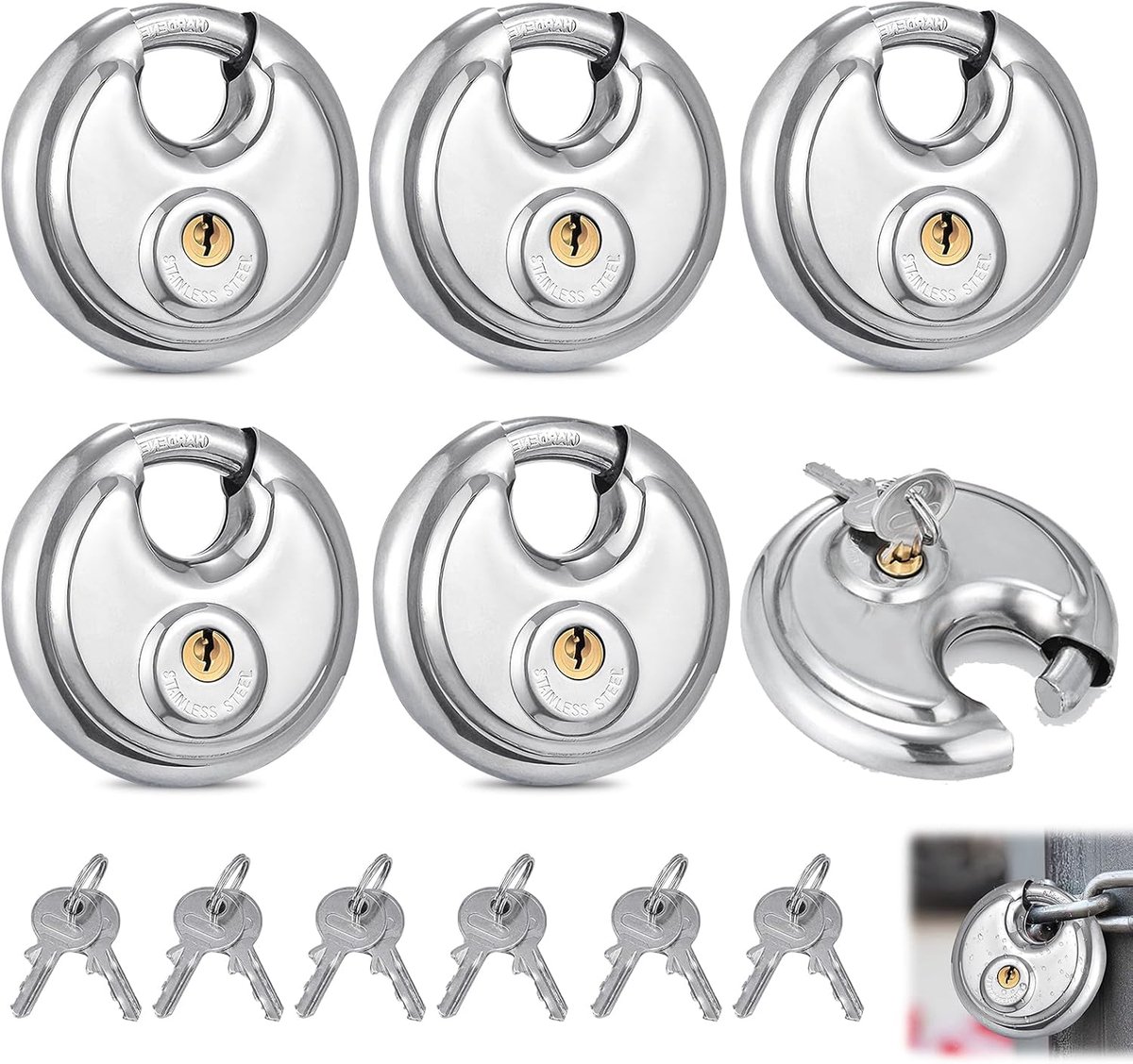 SnelShoppen - Set van 6 RVS 70 mm Hangsloten met Sleutel, Disc Lock, Roestvrij, Weerbestendig, Ideaal voor Tuin, Container, Gereedschapskist, Trailer