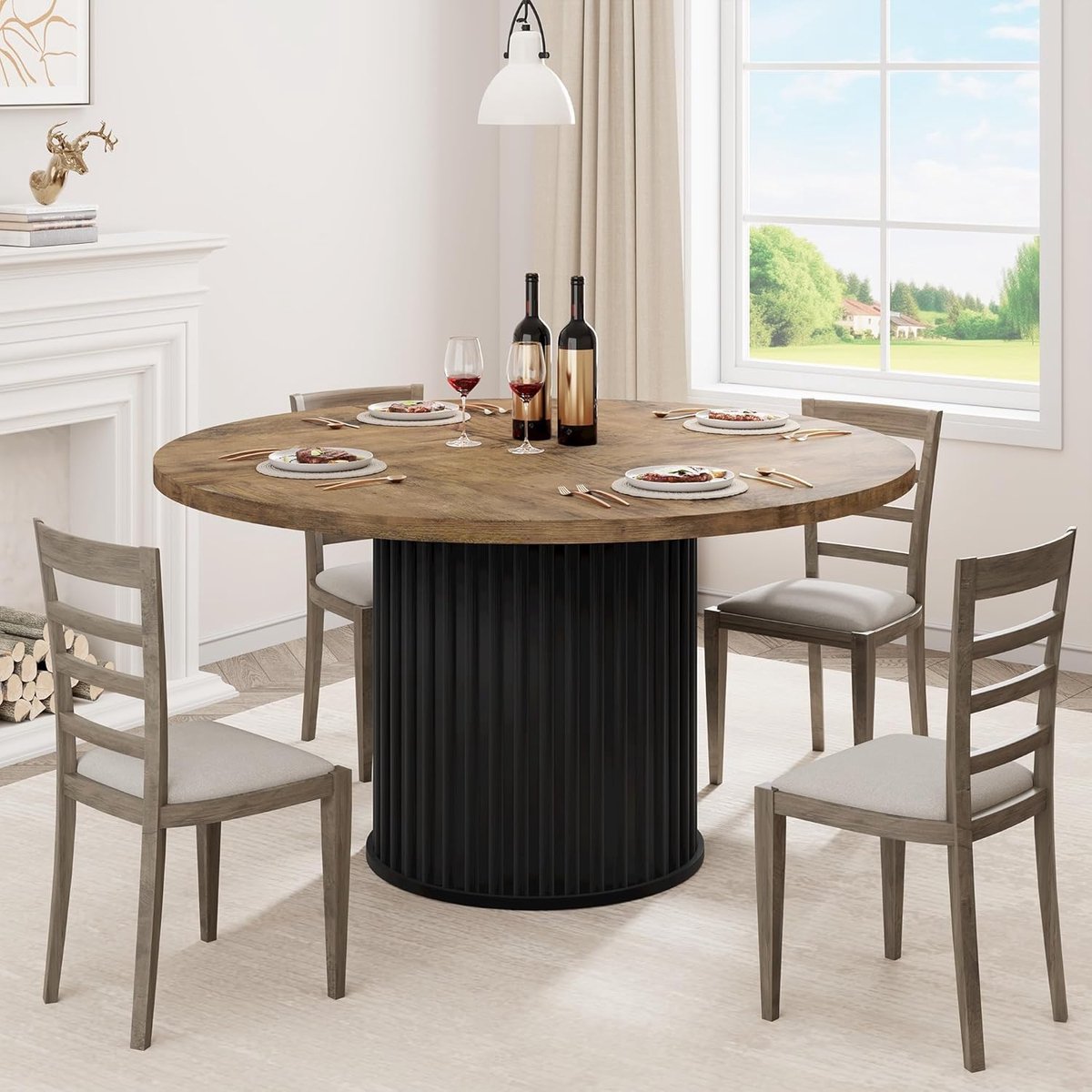 Ronde Industriële Eettafel voor 4 tot 6 Personen - Ø 120 cm - Eetkamertafel met Gegolfde Metalen Zuilvoet - Keukentafel - bruin
