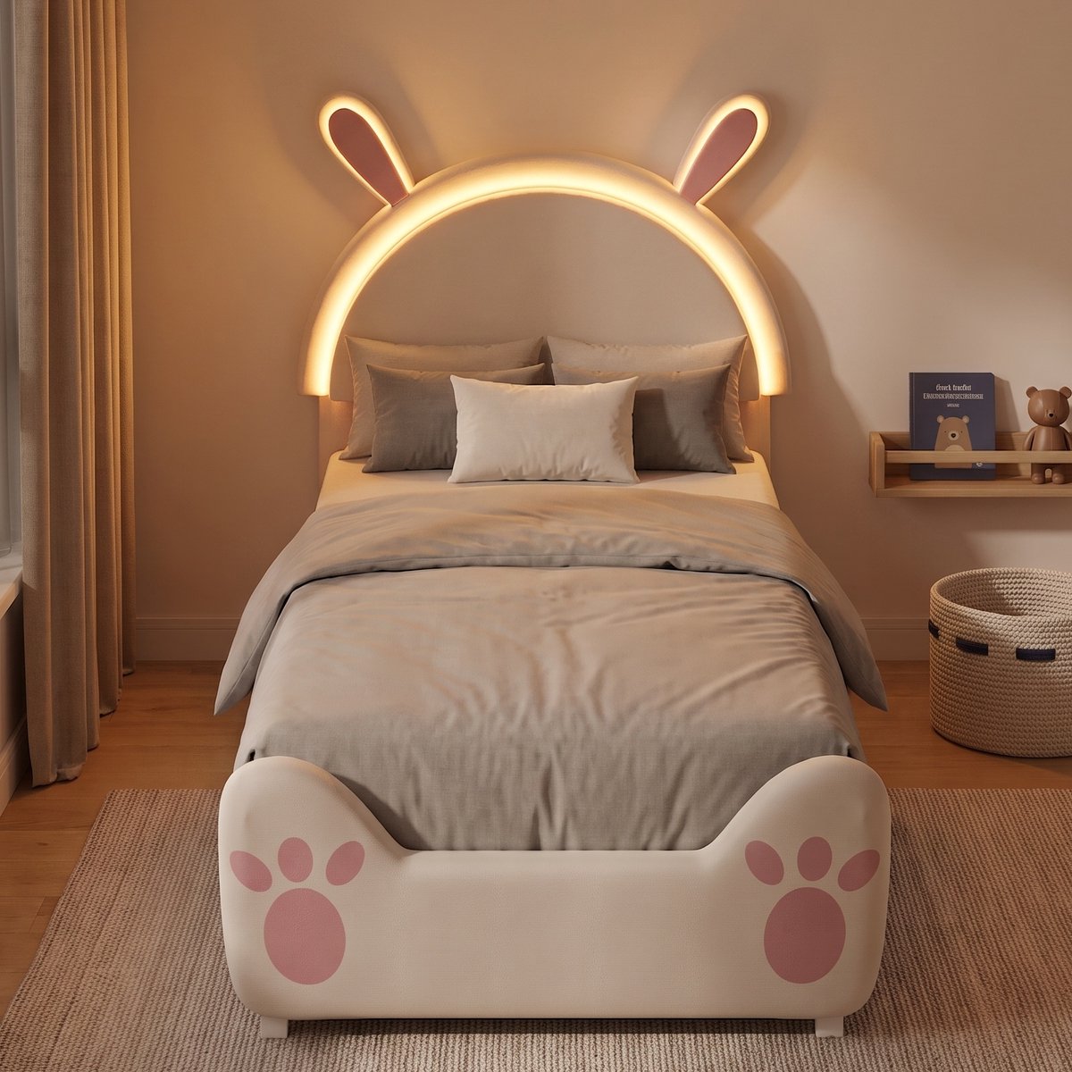 Gestoffeerd Eenpersoonsbed 90x200 cm - Kinderbed met LED en Konijnenoren hoofdbord - Fluwelen bed met Lattenbodem - Wit