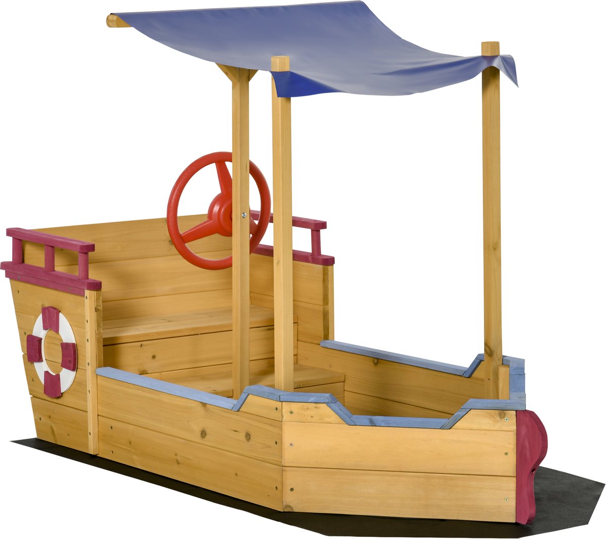 ECTEATOY® Houten Zandbak Piratenschip met Zonnedak en Opbergruimte - Stuurwiel - Buitenspeelgoed