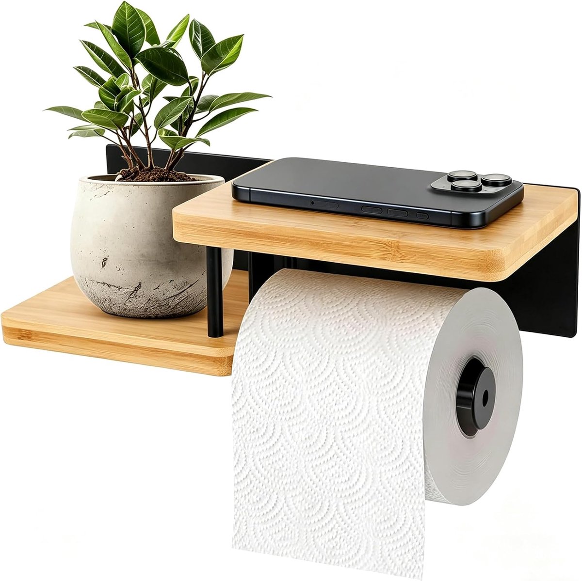 Thijox - Toiletpapierhouder met Plank - Wc-Rolhouder Zonder Boren - Stalen en Bamboe Wc-Rolhouder voor Keuken en Badkamer - Modern Design met Accessoi