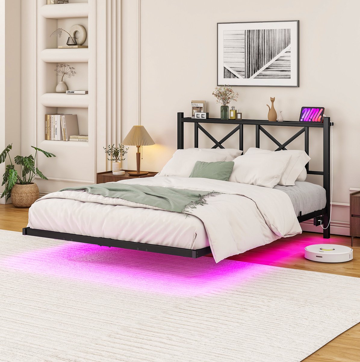 OKWISH Bedframe 120x200 cm - Zweepersoonsbed Met LED-Verlichting En Oplaadstation - Met Hoofdbord En Opbergruimte - Metaal - Zwart - Zonder Matras