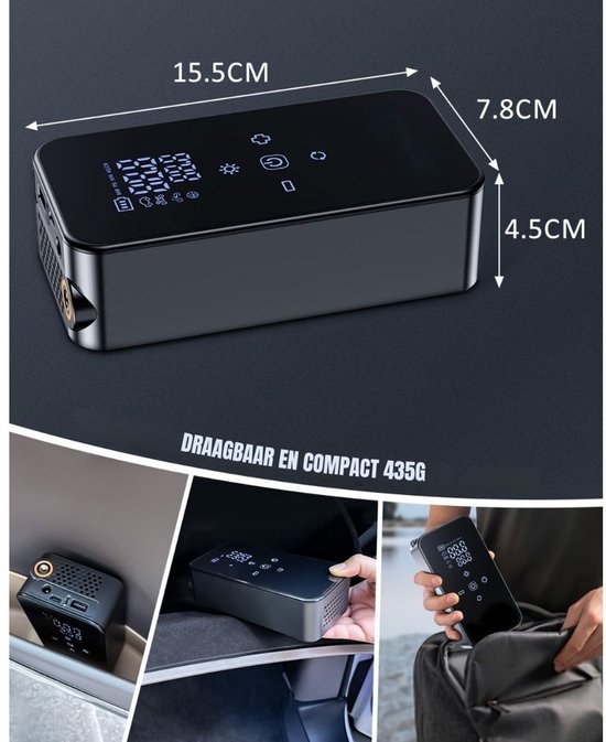 KIRA® Compressor Bandenpomp - Elektrische Luchtpomp - Fietspomp Met Digitaal Display - Zwart - 16cm x 7cm x 4cm — afbeelding 2