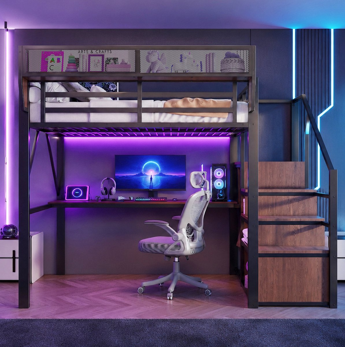 OKWISH Hoogslaper 140 x 200 cm - Met Led-Verlichting en Bureau - Met Opbergrek en Veiligheidsladder - Voor Kleine Ruimtes - Metaal en MDF - Zwart - Zonder Matras