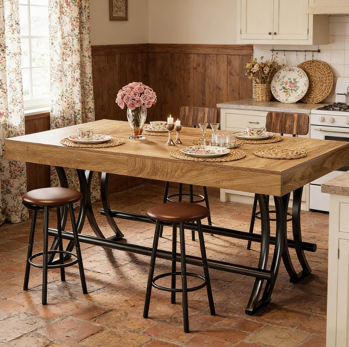 OKWISH Bartafel - Rechthoekig Tafelblad Van 160 x 70 x 90 cm - Voor Keuken, Eetkamer En Homebar - Industrieel MDF En Metaal Zwart Bruin