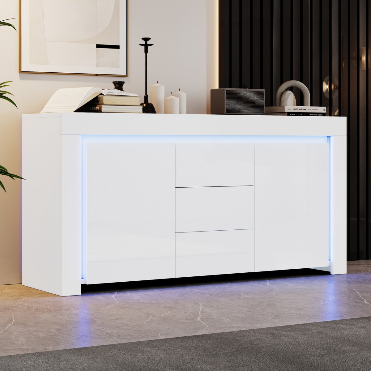 COVREO Dressoir 140 x 40 x 65 cm - 3 lades, 2 deuren, LED-verlichting, hoogglans wit