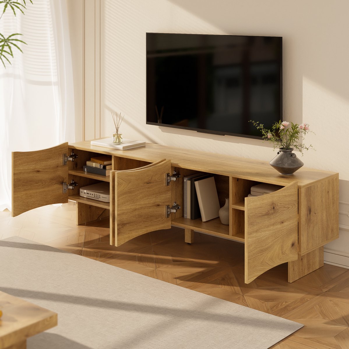 COVREO TV meubel 155 x 36 x 47 cm - 4 deuren, kabeldoorvoer, houtlook, naturel