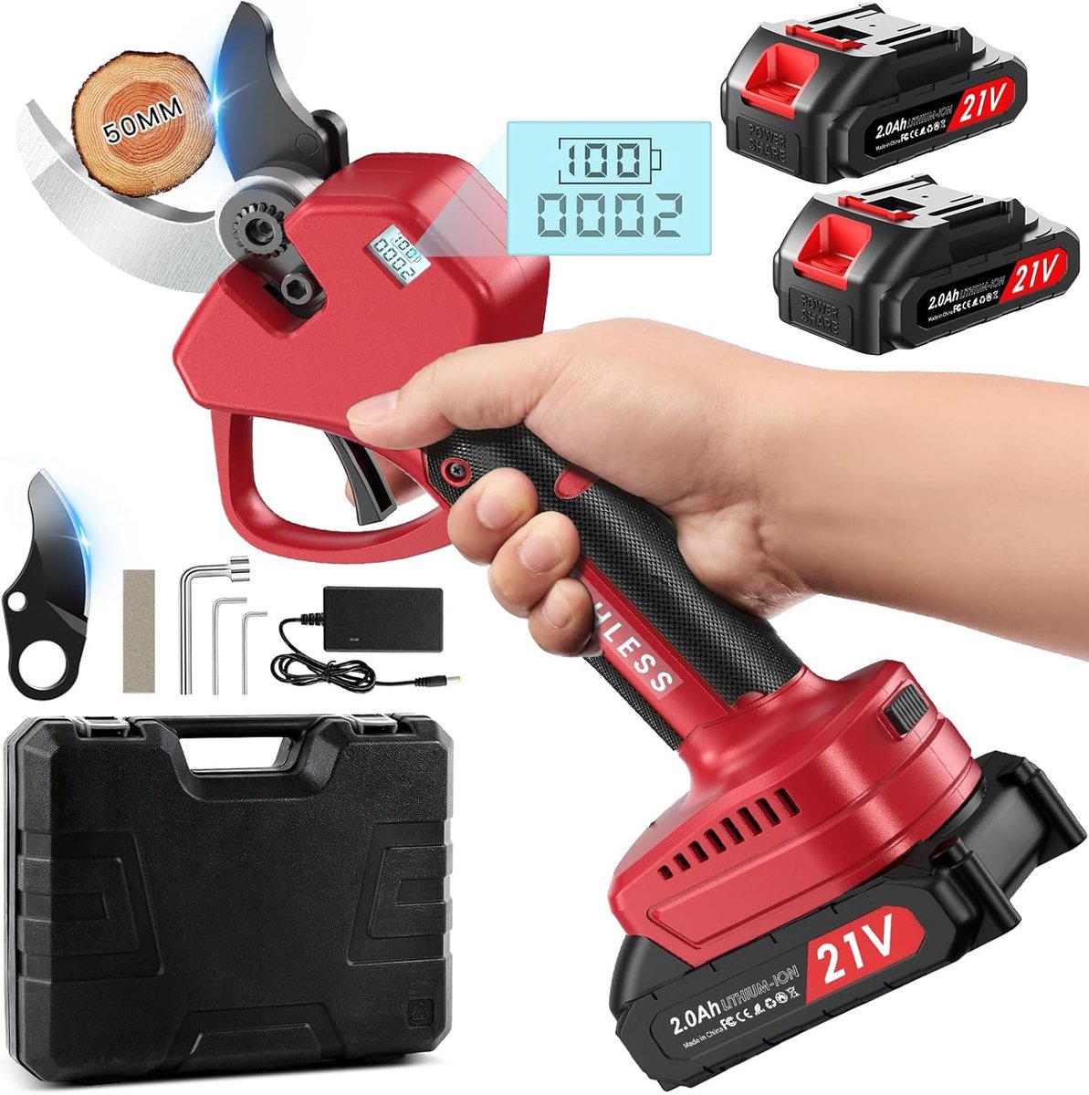 Thijox - Elektrische Snoeischaar 21V met 2x2 Ah Accu, 800W Borstelloze Motor, Draagbare Snoeischaar voor Tuin, Boomgaard en Park, Max. Snijdikte 40-50
