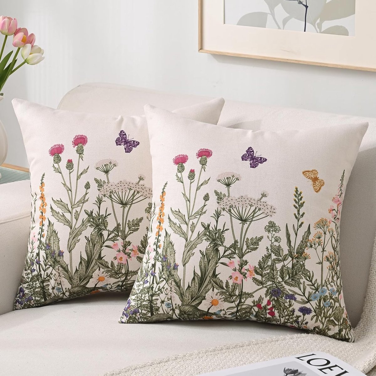 SnelShoppen - Kussenhoes Set van 2 - Moderne Linnen Bankkussens 45x45 cm - Waterdicht met Wilde Bloemen en Groene Bladeren - Decoratieve Kussenhoezen
