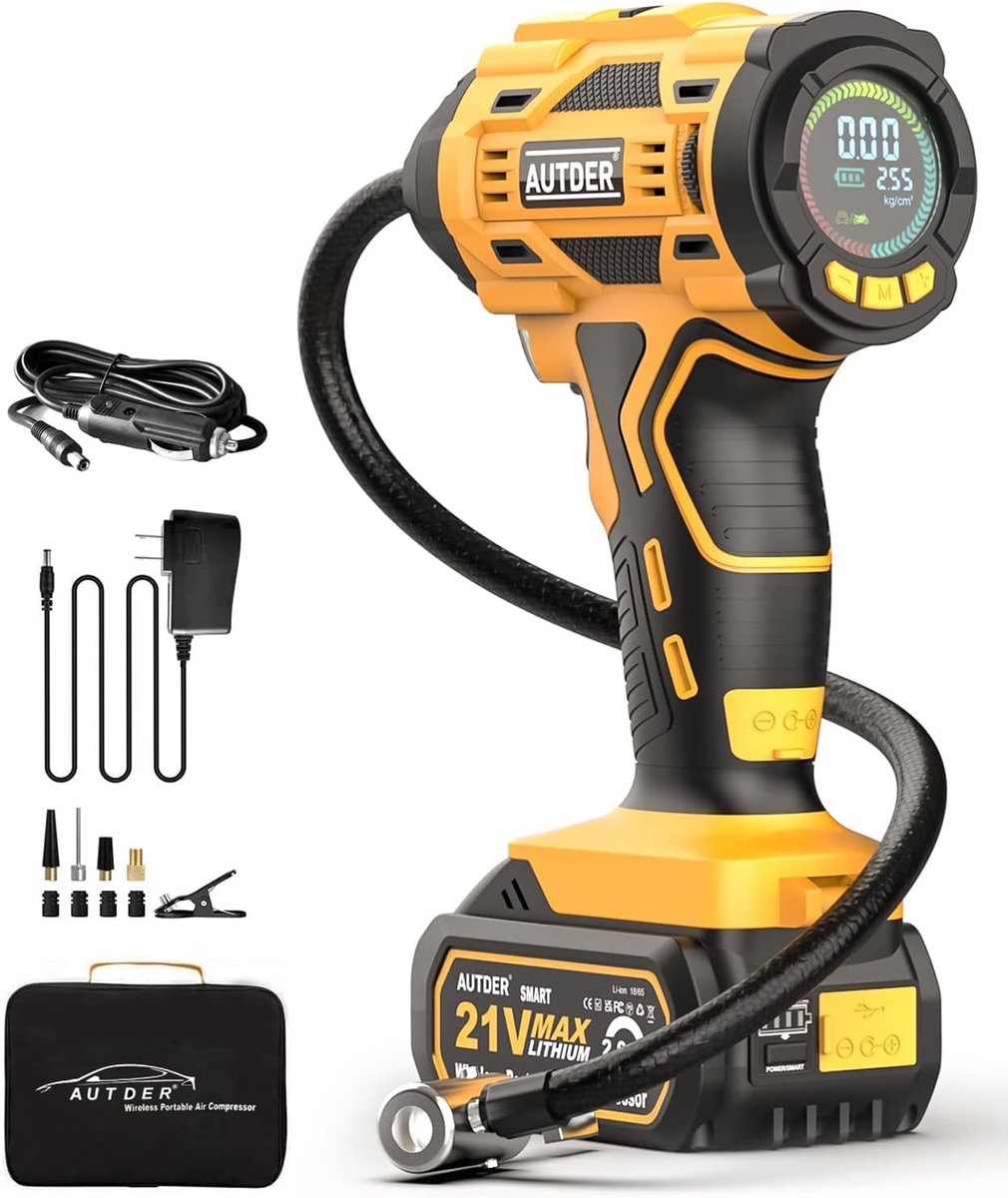 SnelShoppen - Accu Luchtcompressor 180 PSI - Draagbare Bandenpomp met 21V Oplaadbare Accu & 12V DC Auto-Adapter - Digitale Luchtcompressor voor Auto,