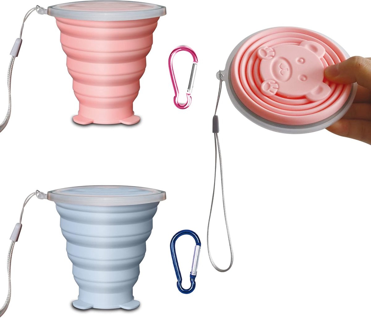 SnelShoppen - Pack van 2 Vouwbare Bekers met Deksel - Herbruikbare Silicone Mokken voor Camping, Reis, Sport, Picknick - Foodgrade, Compact, Lichtgewi