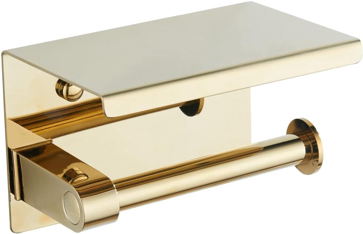 SnelShoppen - Roestvrijstalen Toiletrolhouder met Plank, Wandmontage, Goud, Hoogwaardig SUS304, Modern Design, Geschikt voor Badkamer en Toilet