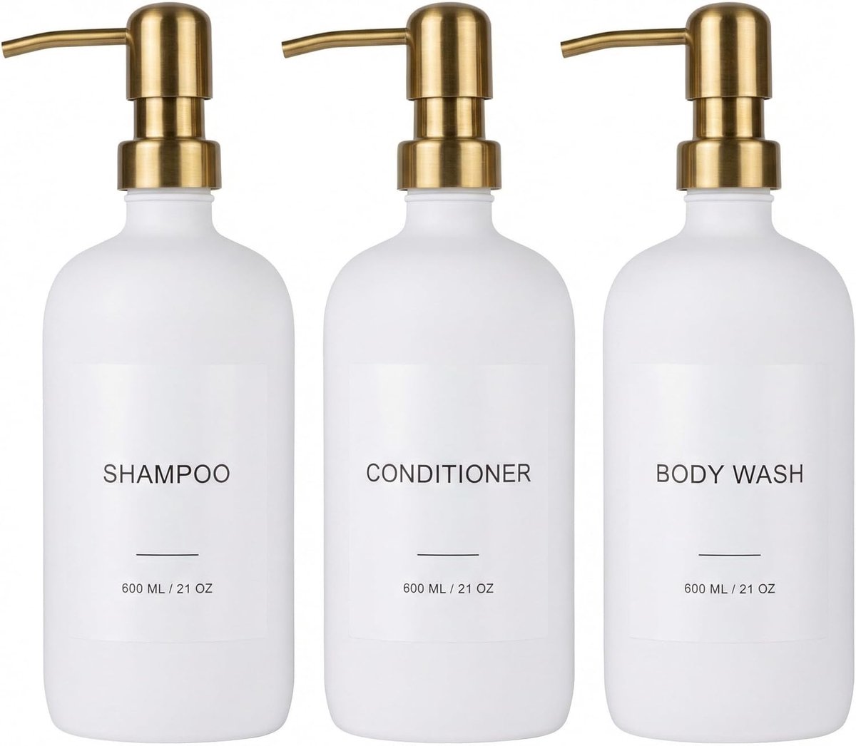 Thijox - Shampoo- en Conditionerdispenser Set van 3 met Roestvrijstalen Pomp (Wit-Goud) - Hervulbare PET Doucheflessen van 600 ml met Trechter en Etik