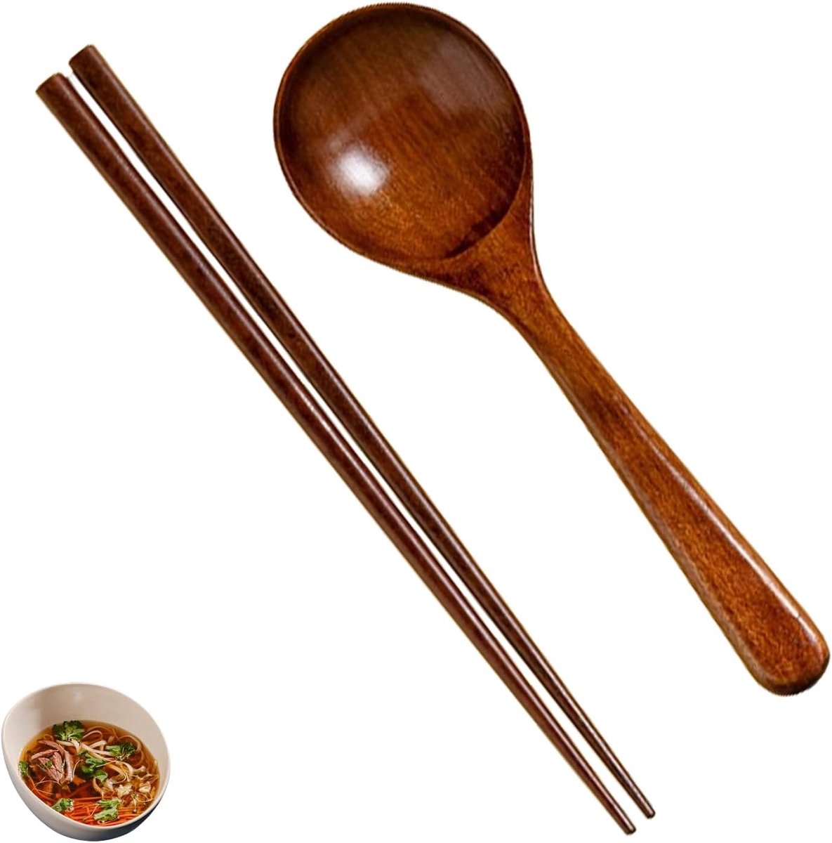 Thijox - Set van 2 Houten Eetstokjes en Soeplepels - Japanse Ramenlepel & Herbruikbare Eetstokjes - Houten Servies voor Keuken, Feest en Dagelijks Geb