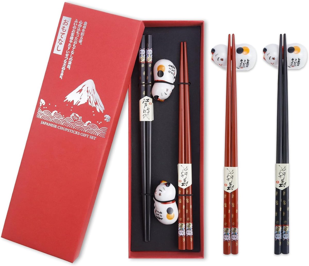 SnelShoppen - Sushi Chopsticks Set van 2 Paar Houten Eetstokjes met Kat Keramische Basis in Premium Cadeaubox - Duurzaam Japans Chinees Koreaans Taiwa