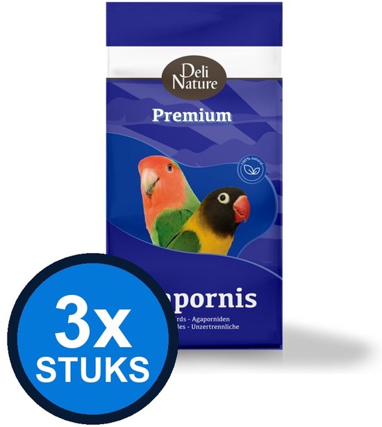 Deli Nature Premium agaporniden voer, met 3x stuks logo. Een roze en een gele agapornis met zwarte vlekken op de foto.