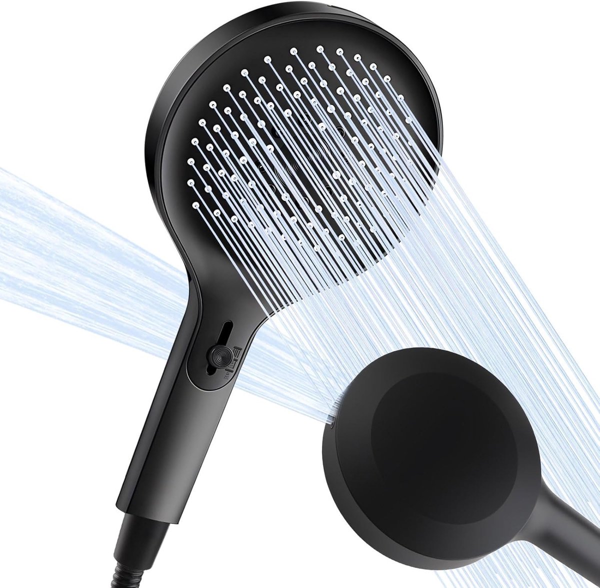 Thijox - 140 mm Grote Douchekop met Slang en Houder, 4 Straalstanden, Waterbesparende Handdouche, Drukverhogende Antikalk Regendouche in Zwart voor de