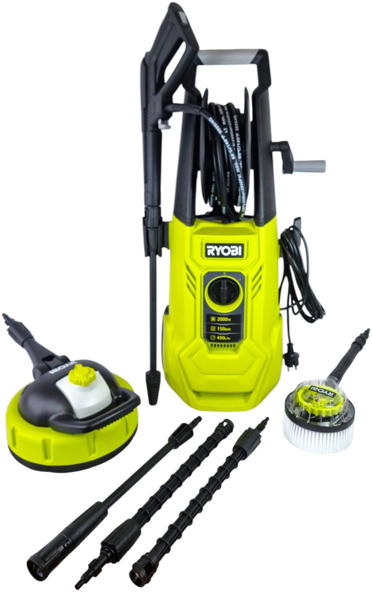 Hoge drukreiniger 2000 W 150 balken 450 L - Flexibele 8m haspel 09 L tank lansen (vario -turbo) roterende borstel