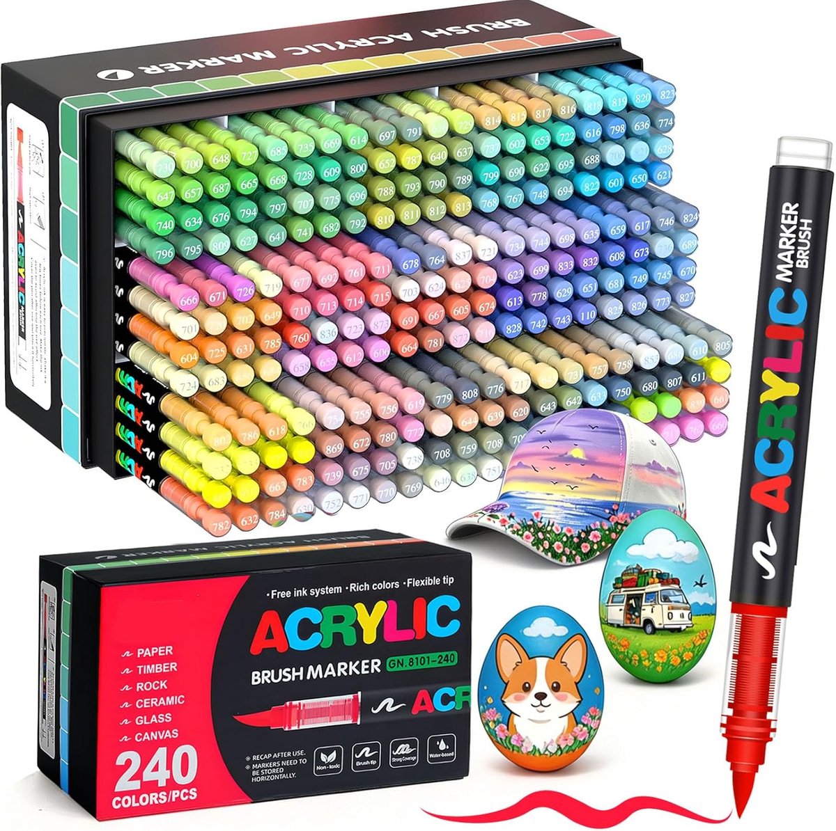 Thijox - 240 Acrylstiften met Flexibele Penseelpunt (1-5mm) - Watervaste en Snel Drogende Markers voor Steen, Keramiek, Metaal, Textiel, Glas en Hout