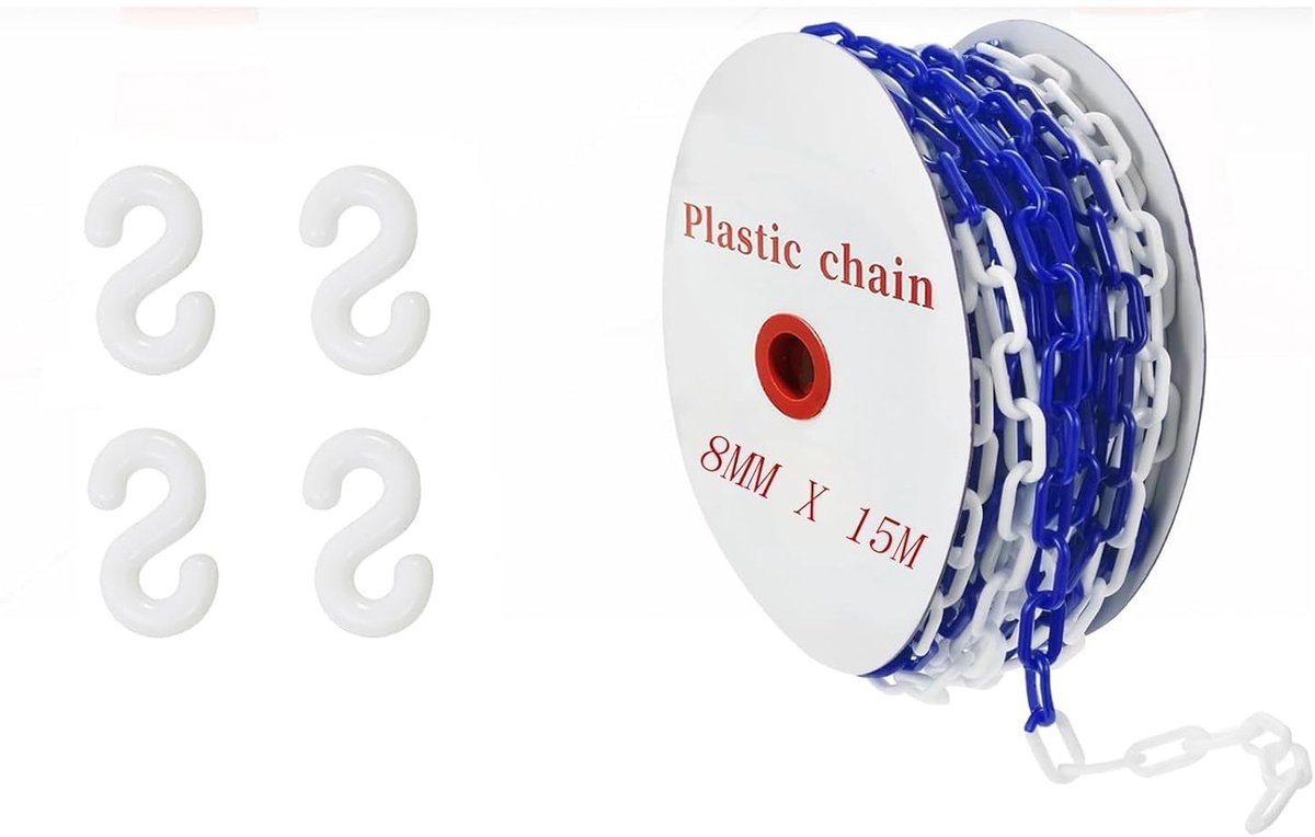 Afsluitketting van kunststof 6 mm x 35 m voor bouwplaats, parkeerplaats en wachtrijen met 6 S-haken in blauw-wit