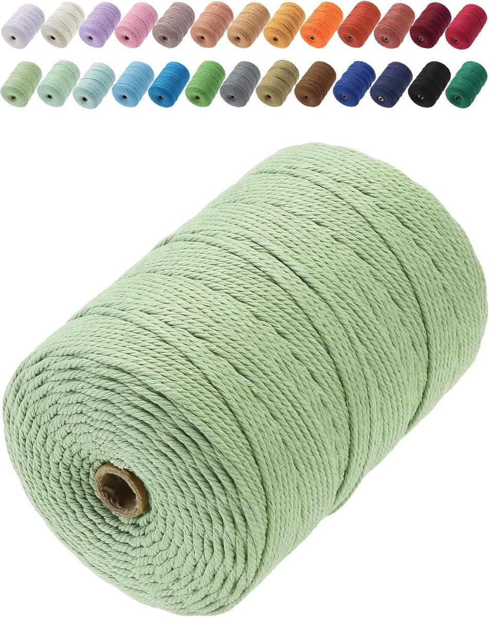 Premium Katoenen Macrame Touw 3mm x 200m, Zacht en Duurzaam, Ideaal voor Macrame Projecten en Ambachten, Chemisch Vrij Katoen, Pea Green