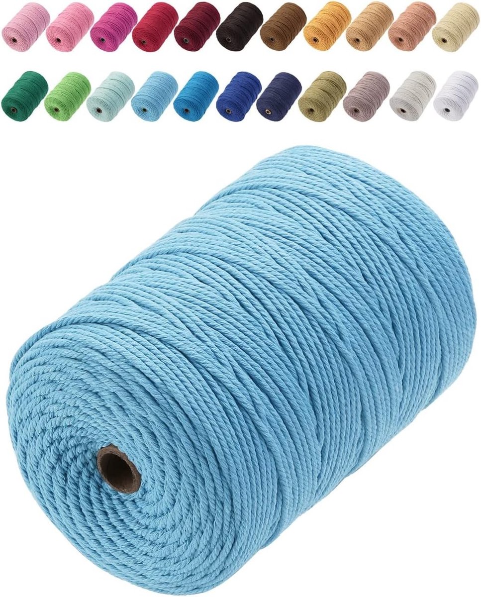 Premium Katoenen Macrame Touw 3mm x 200m - Zacht en Duurzaam voor Macrame Projecten, Knutselen en Ambachtelijk Gebruik (Sky Blue)