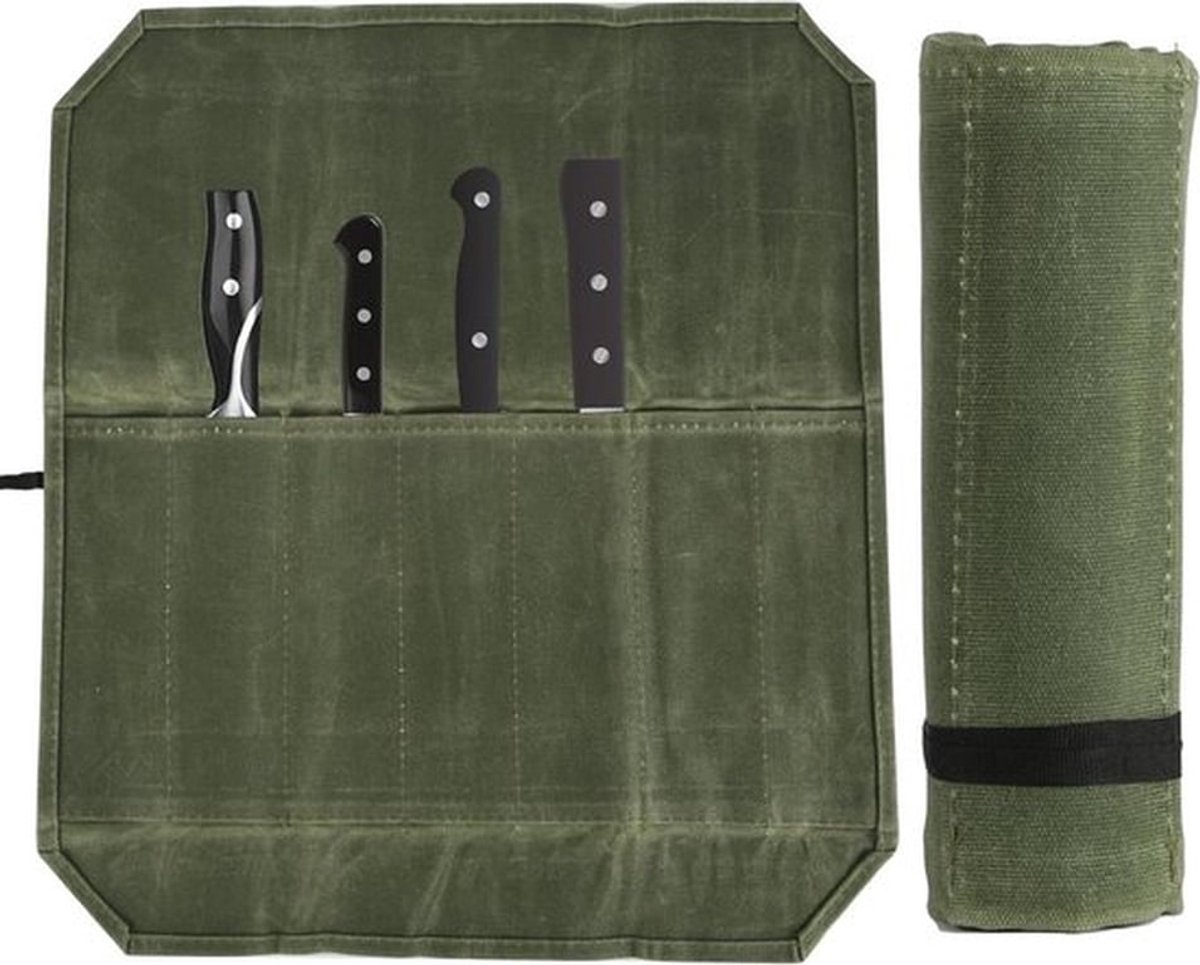 - Draagbaar Koksmestas met 7 Sleuven - Canvas Mesrolopbergtas - Cadeau voor Chef-Koks - Koksmesopbergtas Geschikt voor - Groen.