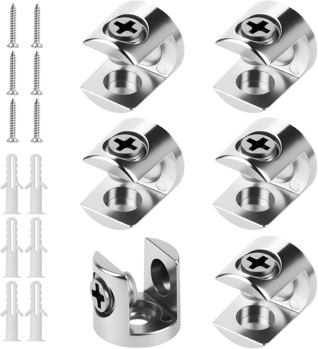 Set van 6 verstelbare glasklemmen voor 8-12 mm glazen planken, inclusief schroeven en pluggen, duurzame zinklegering voor optimale ondersteuning