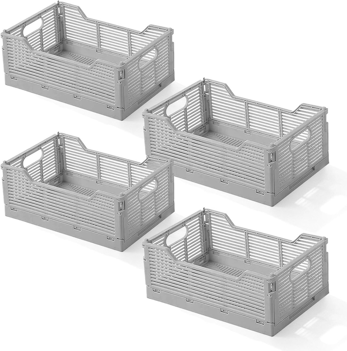 Vouwkisten set van 4, grijze kunststof klapboxen voor opberging, 30,5 x 20,5 x 12,5 cm, multifunctionele opbergmanden voor keuken, slaapkamer en kantoor